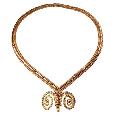 Pre-owned Zolotas Greece Ruby Sapphire Emerald 18k Gold Ram's Head Necklace In Green