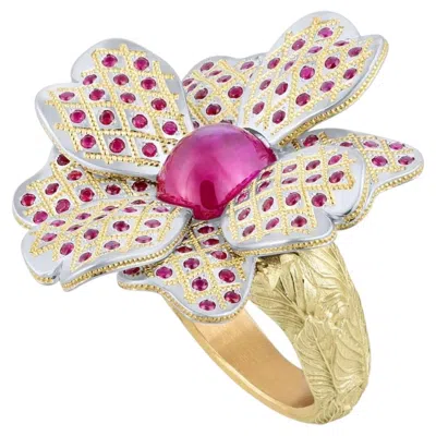 Pre-owned Zoltan David Platinum And Gold Ruby Flower Power Ring By  In Multi