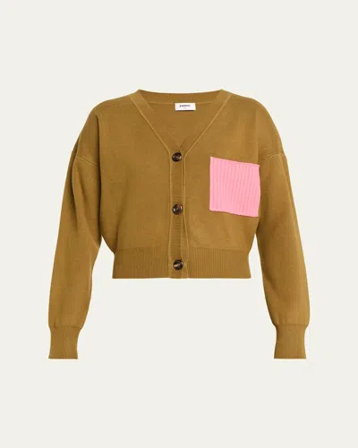 Zomer Colorblock Cropped V-neck Cardigan In Brown