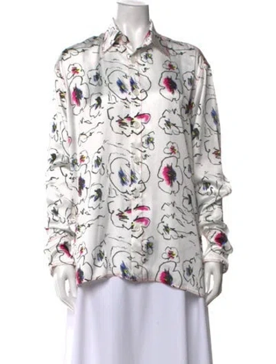 Pre-owned Zomer Floral Print Long Sleeve Button-up Top In White