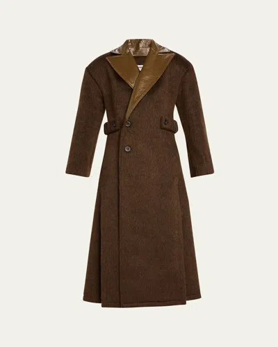 Zomer Shiny-leather Lapels Double-breasted Faux-fur Trench Coat In Brown