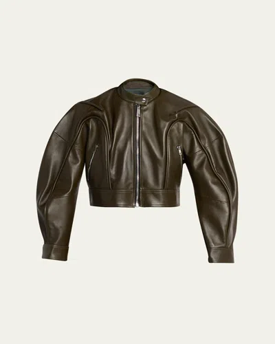 Zomer Tim Cropped Leather Biker Jacket In Green