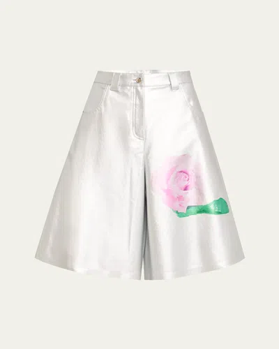 Zomer Winslow Rose Print Chrome Leather Boxy Shorts In Chrome Silver