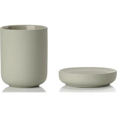 Zone Denmark Ume Soap Dish & Toothbrush Mug Stoneware Set In Eucalyptus Green