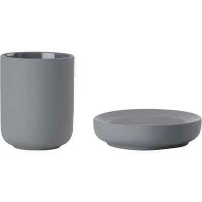 Zone Denmark Ume Soap Dish & Toothbrush Mug Stoneware Set In Grey