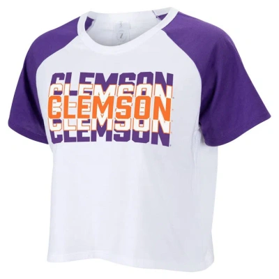 Zoozatz White Clemson Tigers Colorblock Repeat Raglan Cropped T-shirt