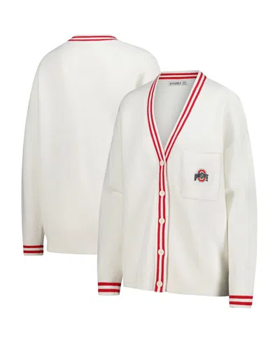 Zoozatz Women's Cream Ohio State Buckeyes Striped Knit Button-up Cardigan In White