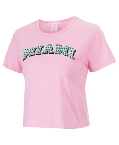 Zoozatz Women's Pink Miami Hurricanes Gingham Logo Cropped T-shirt