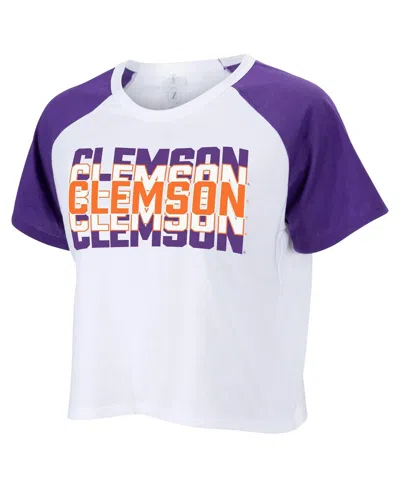 Zoozatz Women's White Clemson Tigers Color Block Repeat Raglan Cropped T-shirt
