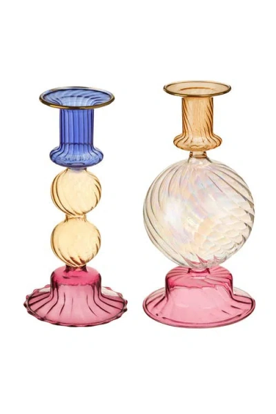 Zsa Zsa Zsu Borosilicate Glass Long Candle Holder 2 Pcs Set In Multicolor