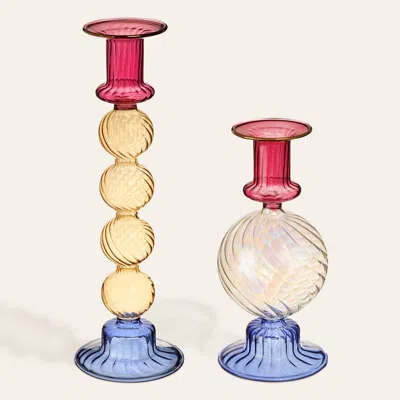 Zsa Zsa Zsu Borosilicate Glass Short Candle Holder 2 Pcs Set In Multicolor