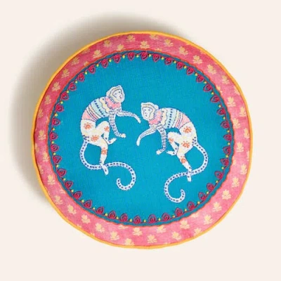 Zsa Zsa Zsu Ghuni Embroidered 100% Cotton Cushion 15.5" Home Accent In Blue