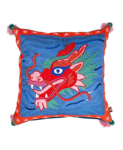 Zsa Zsa Zsu Ghuni Tasseled Embroidered Cotton Cushion, 19.6 X 19.6 In Navy