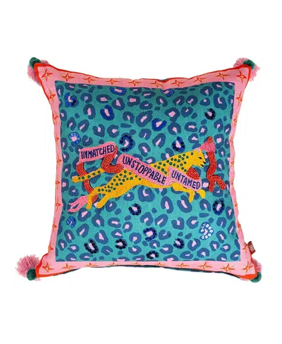 Zsa Zsa Zsu Ghuni Tasseled Embroidered Cotton Cushion, 19.69 X 19.69 In Blue