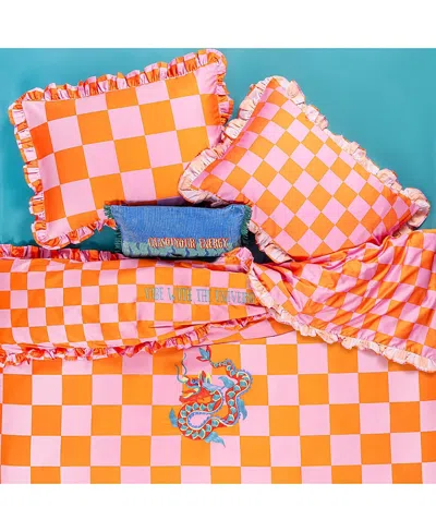 Zsa Zsa Zsu Lahor 300 Tc Satin Duvet Cover Set In Checked, 102.36 X 86.61 In Orange