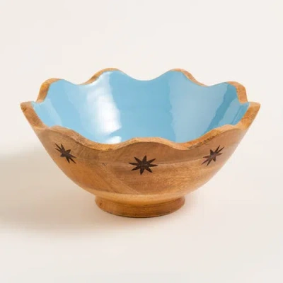 Zsa Zsa Zsu Lakri Carved Mango Wood Bowl 10" X 10" | Artisan Ceramic In Blue