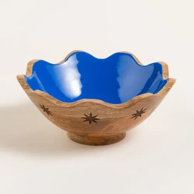 Zsa Zsa Zsu Lakri Carved Mango Wood Bowl 8.5" X 8.5" | Artisan Ceramic In Blue