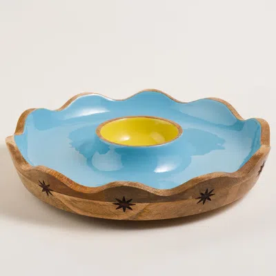 Zsa Zsa Zsu Lakri Carved Mango Wood Serving Bowl | Artisan Serving In Blue