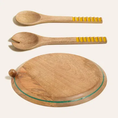 Zsa Zsa Zsu Lakri Mango Tree Salad Spoon & Lakri Mango Tree Serving Board 2 Pcs Set In Brown