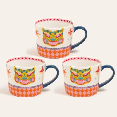 Zsa Zsa Zsu Luohu Porcelain Tiger Mug 12 Oz. Set Of 3 In Multi