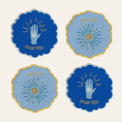 Zsa Zsa Zsu Nilufer 4 Pcs Digital Printed Overlocked Embroidered 100% Cotton Coaster Set In Blue