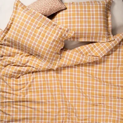 Zsa Zsa Zsu Viseu Checked King Size Duvet Cover Set 100% Cotton Flanelle 94x87 In In Orange