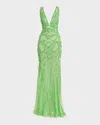 Zuhair Murad Abstract Rose Beaded Plunging Mermaid Gown In Summer Green