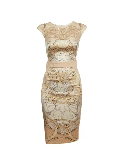 Pre-owned Zuhair Murad Baroque-print Mesh-panel Midi Dress In Neutral
