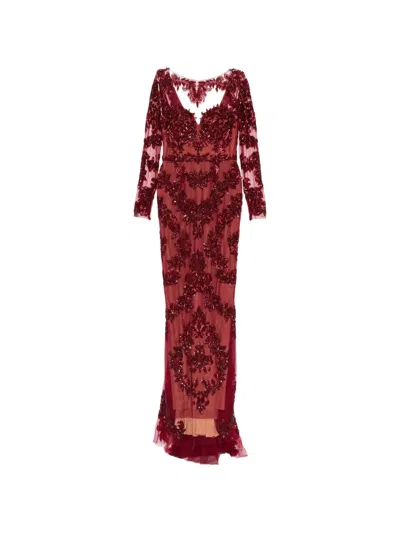 Zuhair Murad Beaded Lace Fishtail Gown In Red