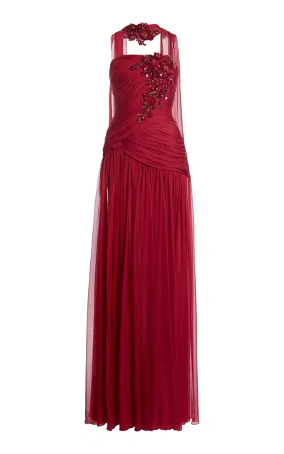 Zuhair Murad Bead-embellished Silk-chiffon Maxi Dress In Red
