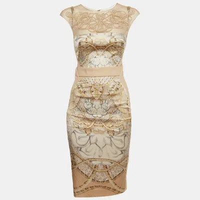 Pre-owned Zuhair Murad Beige Baroque Print Satin And Crepe Knee Length Dress Xs In Sand