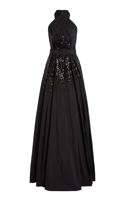 Zuhair Murad Belted Draped Silk-taffeta Maxi Dress In Black