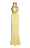 Zuhair Murad Cady Flower Embroidered Halter Maxi Dress In Yellow