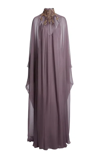 Zuhair Murad Chiffon Palm Leaf Embroidered Kaftan In Purple
