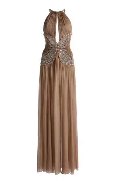 Zuhair Murad Chiffon Sand Shell Long Dress In Brown