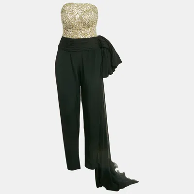 Pre-owned Zuhair Murad Couture Black/gold Sequin Embellished Crepe Drape Detail Jumpsuit M