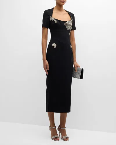 Zuhair Murad Crystal-embroidered Short-sleeve Soft Cady Midi Dress In Black Silver