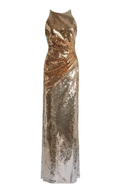 Zuhair Murad Degrade Sequins Long Dress With Slit In Gold