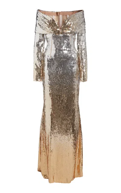 Zuhair Murad Degrade Sequins Off-shoulder Long Dress In Silver