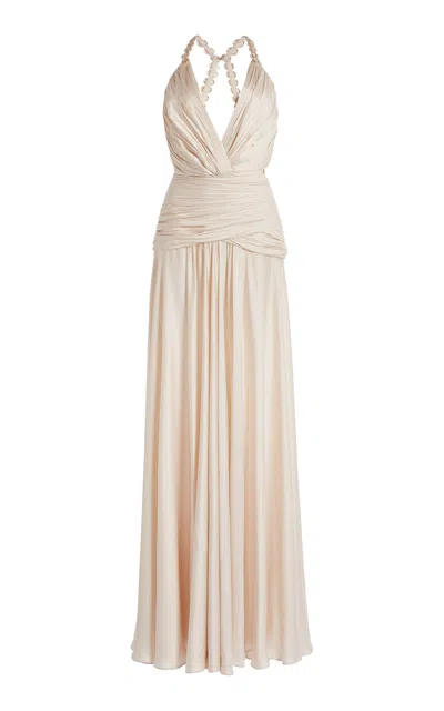 Zuhair Murad Draped Beaded Satin Maxi Dress In White