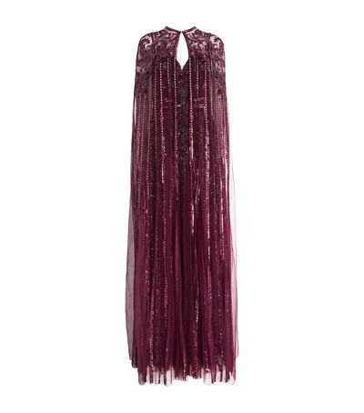 Zuhair Murad Embellished Cape Haussmanian Gown In Burgundy