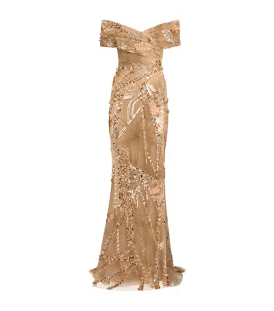Zuhair Murad Embellished Miami Palm Tree Gown In Neutral