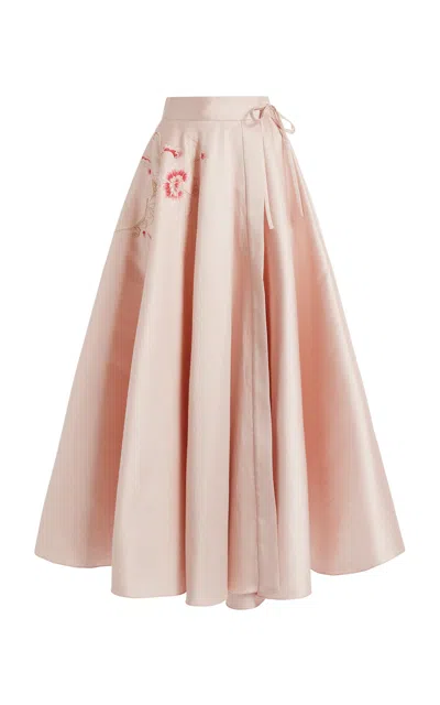 Zuhair Murad Embroidered Cotton Shantung Midi Skirt In Pink