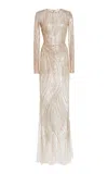 Zuhair Murad Embroidered Tulle Waves Long-sleeved Maxi Dress In Neutral