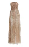 Zuhair Murad Embroidered Tulle Waves Strapless Maxi Dress In Brown