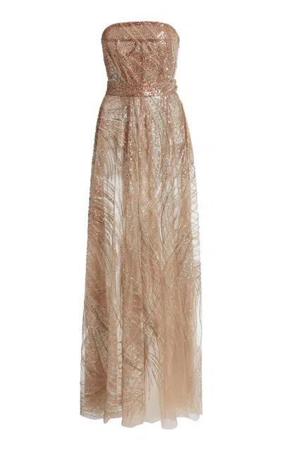 Zuhair Murad Embroidered Tulle Waves Strapless Maxi Dress In Brown