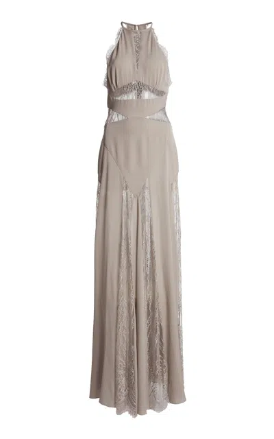 Zuhair Murad Georgette Lace Halter Long Dress In Brown