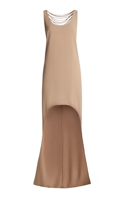 Zuhair Murad Heavy Cady Asymmetrical Length Dress With Beaded Fringes In Brown