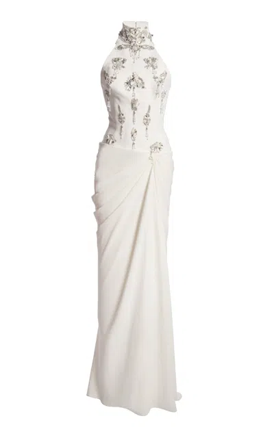 Zuhair Murad Heavy Cady Brooches Embroidered Halter Long Dress In White