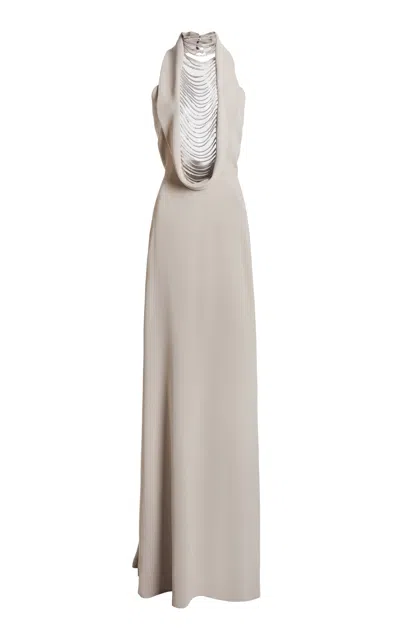 Zuhair Murad Heavy Cady Long Dress With Beaded Fringes In White